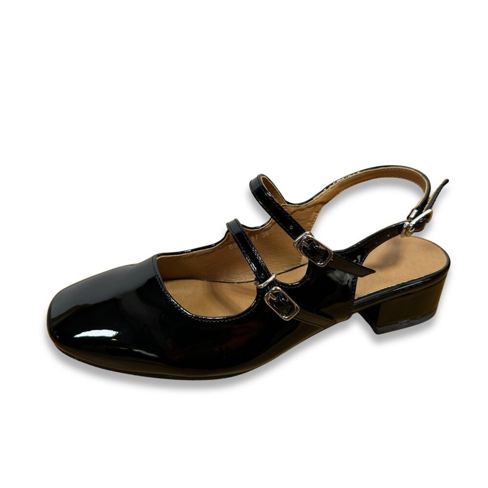 Black Patent Mary Jane Slingback Pumps Double Strap Low Heel Size 39